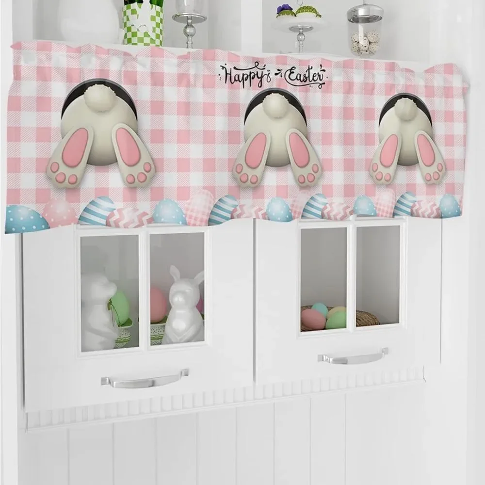 Easter Curtain Valances for Windows, Bunny Easter Eggs Floral Spring Pink Plaid - Picture 6 of 8
